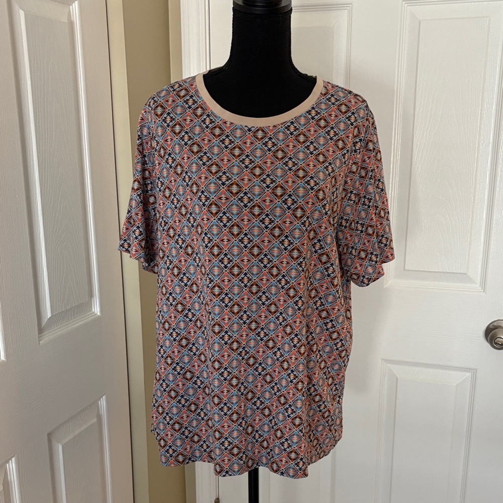 Lands End Geometric Patterned Orange Khaki and Blue Women's Top